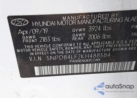 2019 Hyundai Elantra Sel z USA, uszkodzony, nr VIN 5NPD84LF2KH488584